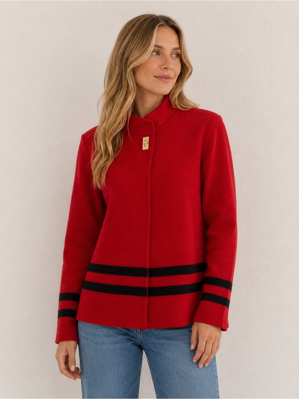 Calvin Klein Red Pea Coat with Black Stripe Trim